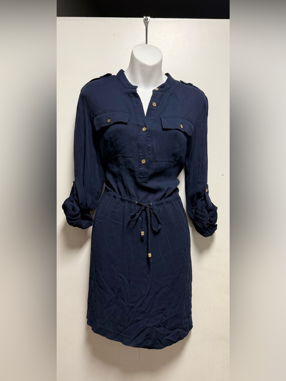 Michael Kors Navy Long-Sleeve Shirtwaist Drawstring Dress